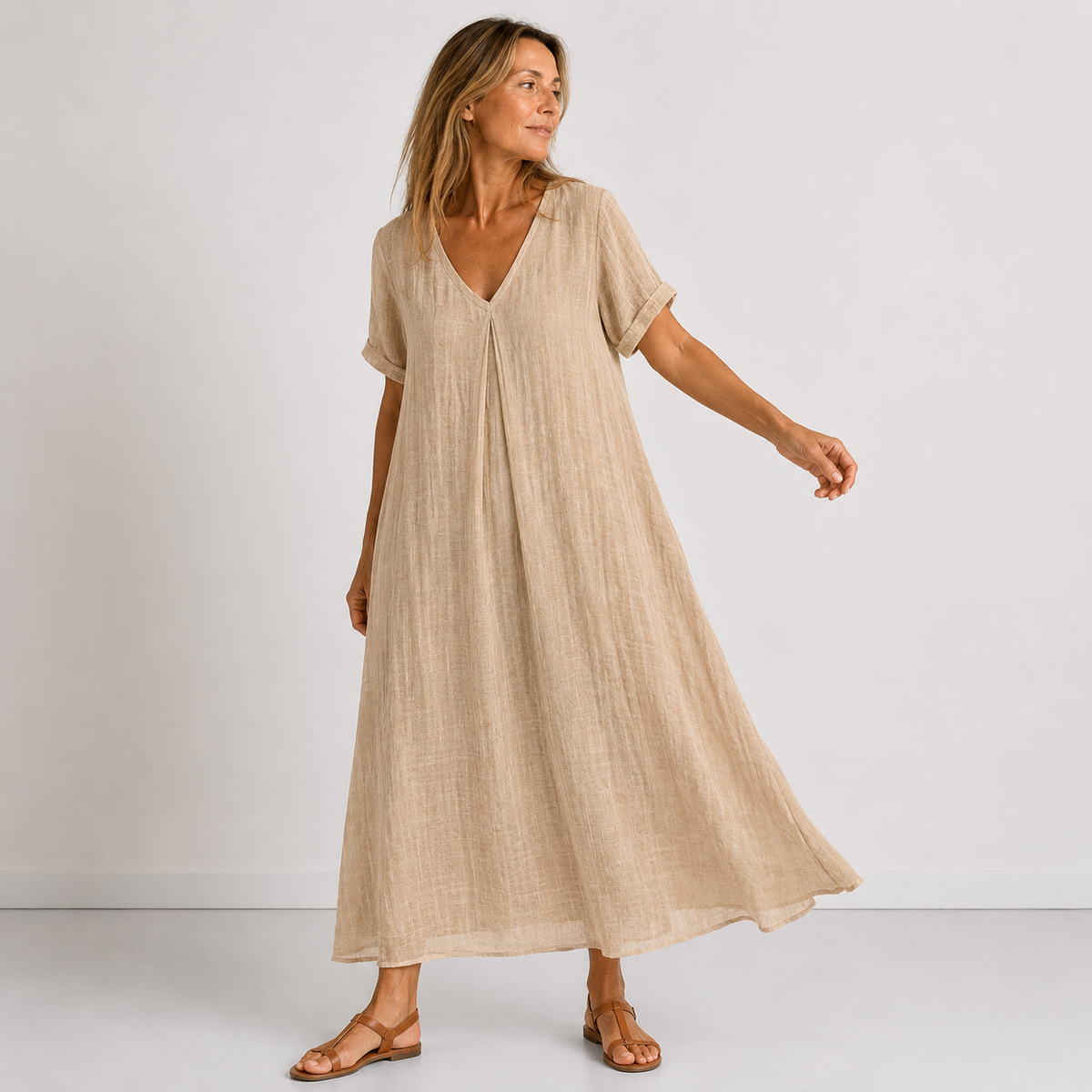 Beige V-neck midi dress with short sleeves, relaxed A-line shape and soft textured fabric
