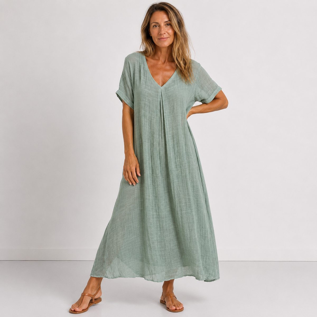 Green V-neck midi dress with short sleeves, relaxed A-line fit and front seam detail