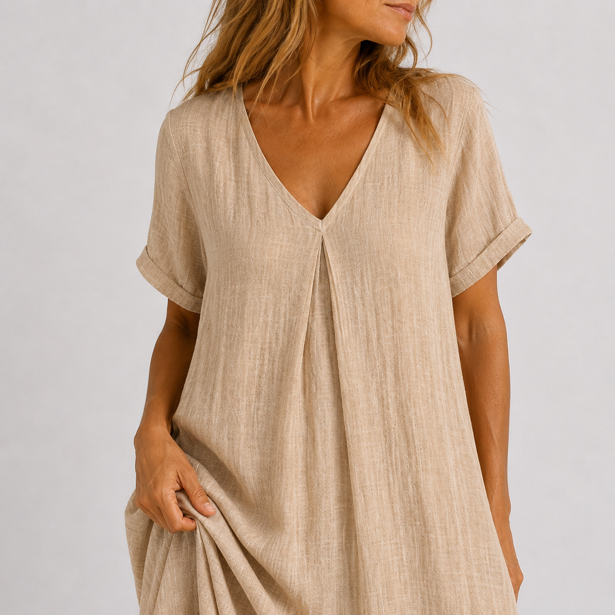 Beige V-neck midi dress close-up, short sleeves and front seam detail at bust