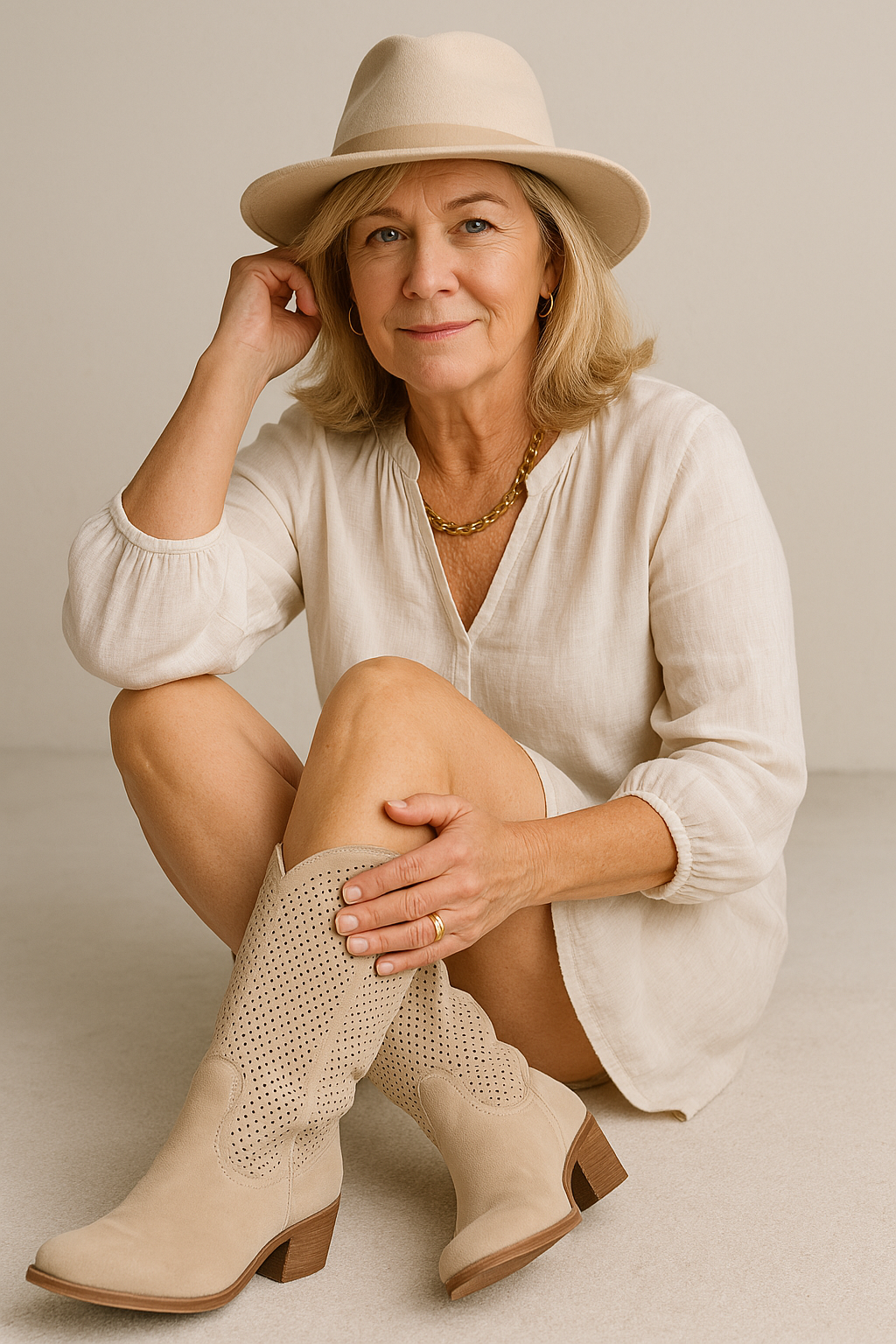 Beige cowboy-style orthopedic boots with perforated uppers and mid-height heel