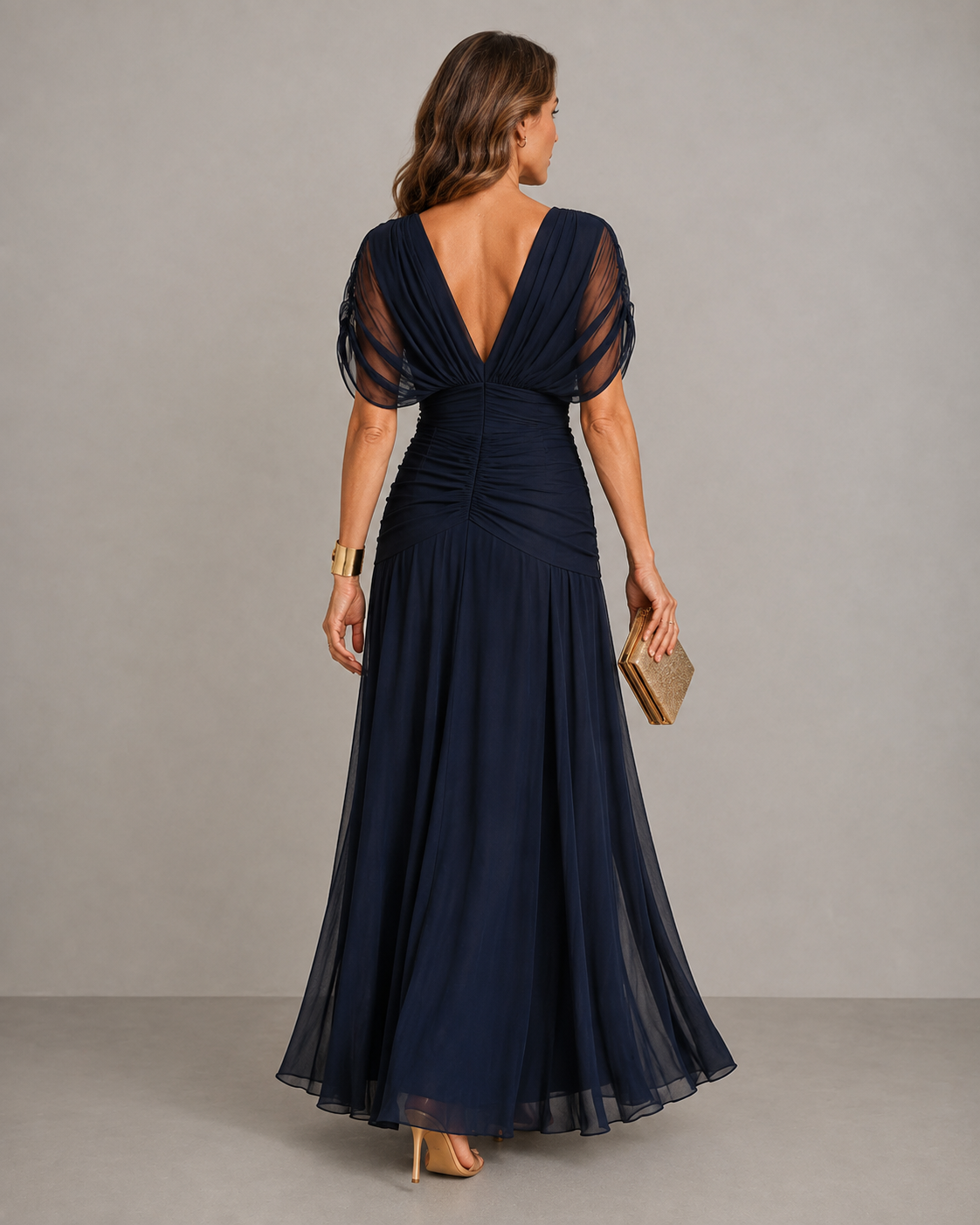 Dark blue off-shoulder maxi dress, open back, ruched waist and tiered chiffon skirt