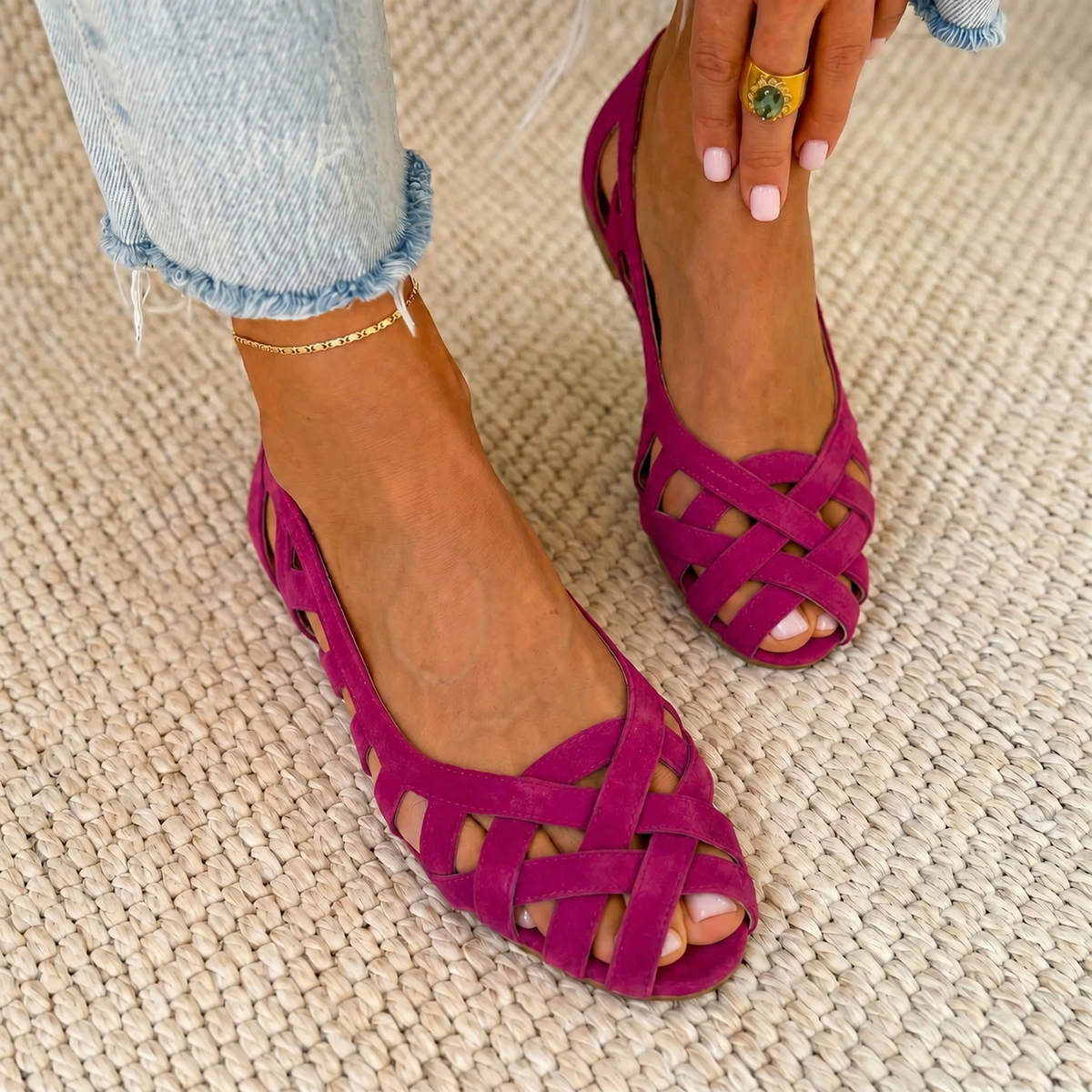 Purple strappy comfort sandals with crisscross straps and open toe