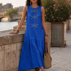 Blue sleeveless maxi dress with dragonfly embroidery and tiered skirt