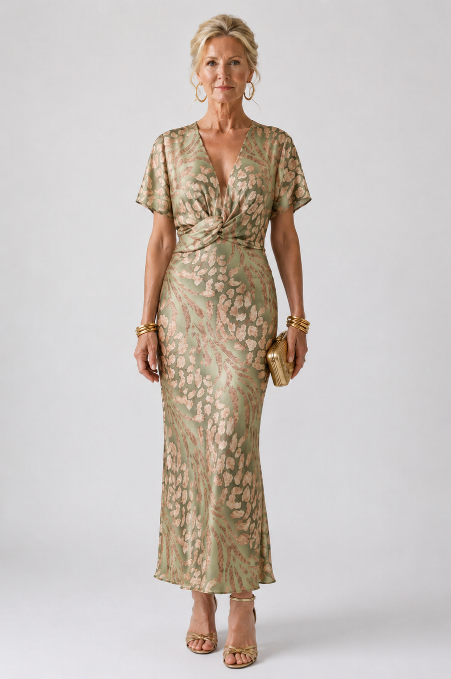 Green abstract print midi dress with twisted waist and V-neck short sleeves