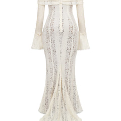 White lace maxi dress flat view: off-shoulder neckline, long sleeves, textured lace print.