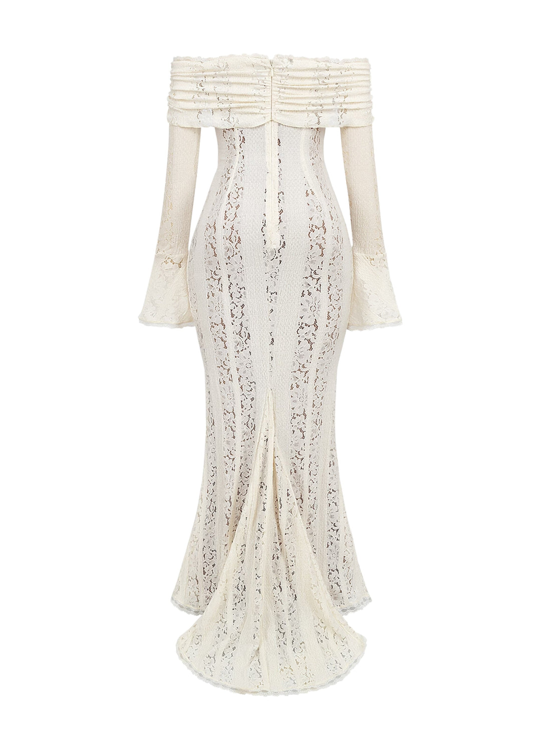 White lace maxi dress flat view: off-shoulder neckline, long sleeves, textured lace print.