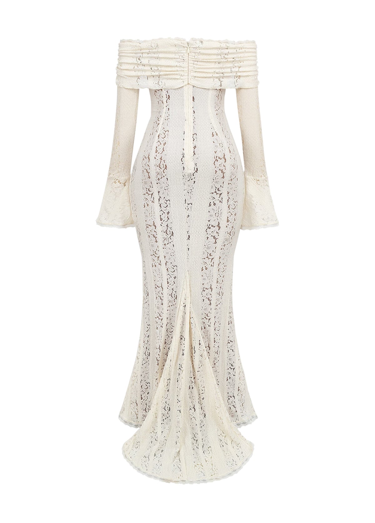 White lace maxi dress flat view: off-shoulder neckline, long sleeves, textured lace print.