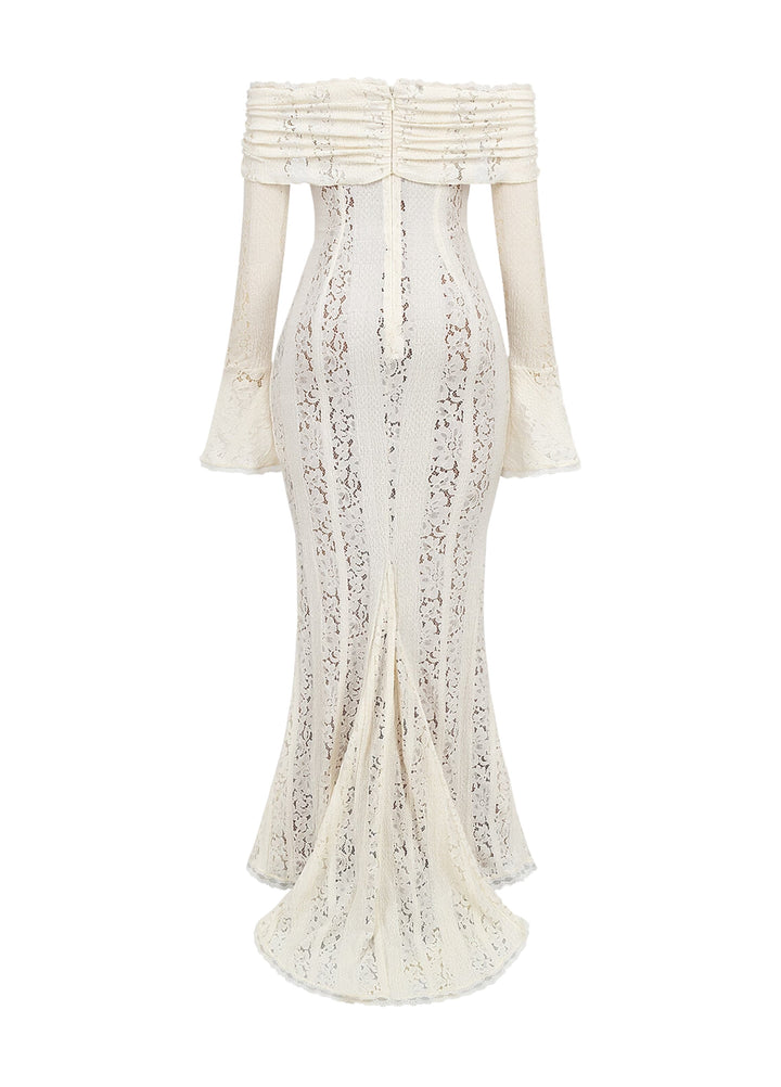 White lace maxi dress flat view: off-shoulder neckline, long sleeves, textured lace print.