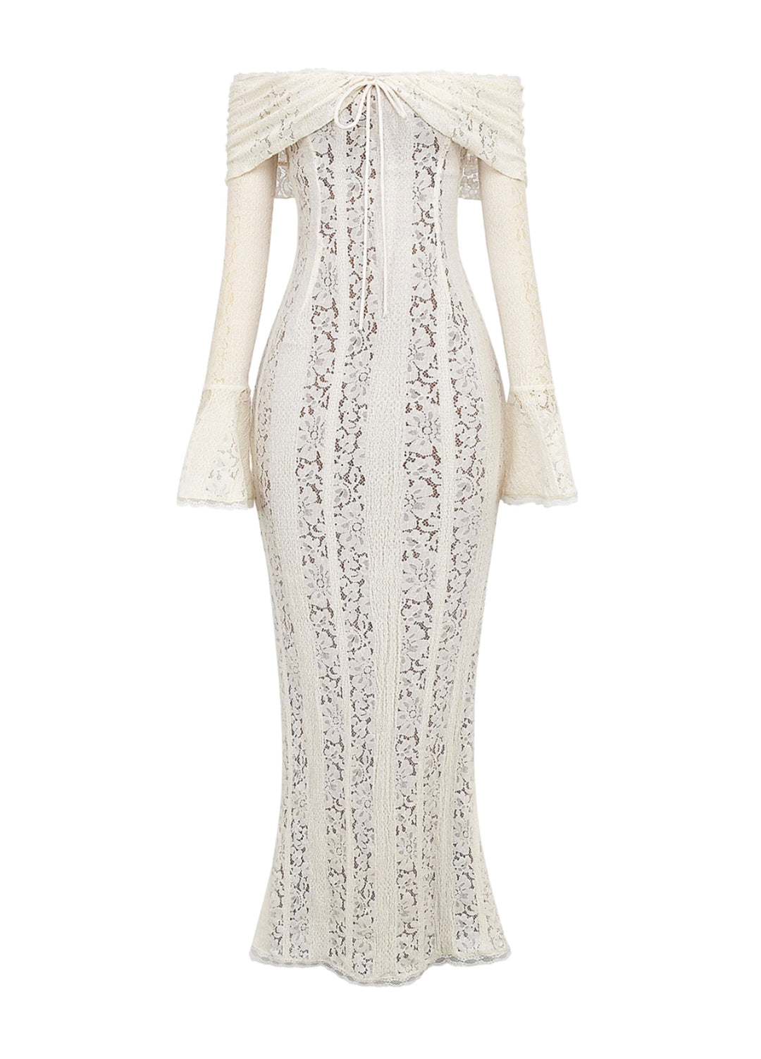 White lace maxi dress on white background: off-shoulder neckline, long sleeves, fitted skirt.