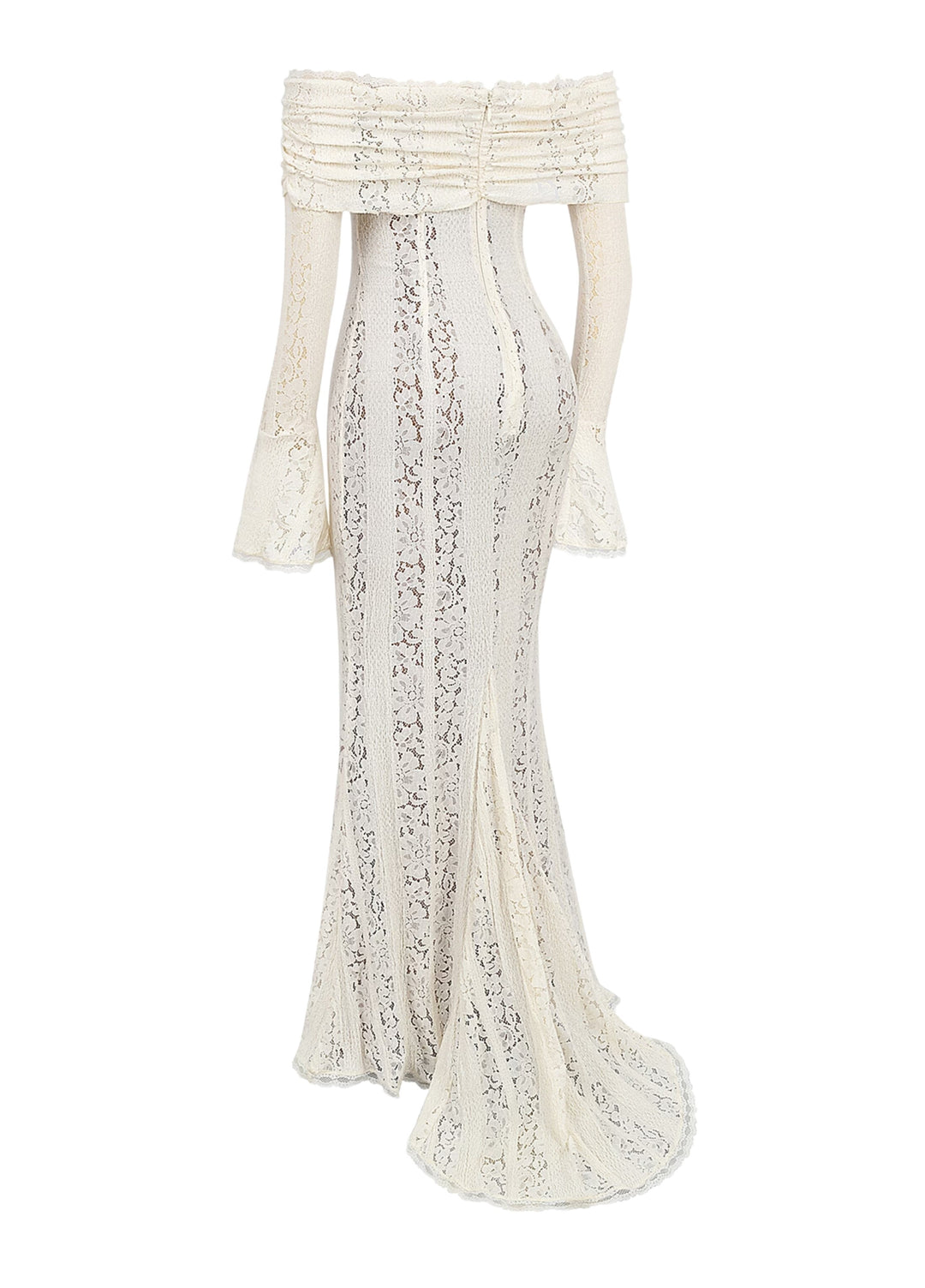 White lace maxi dress flat lay: off-shoulder top with long sleeves; long flared skirt.