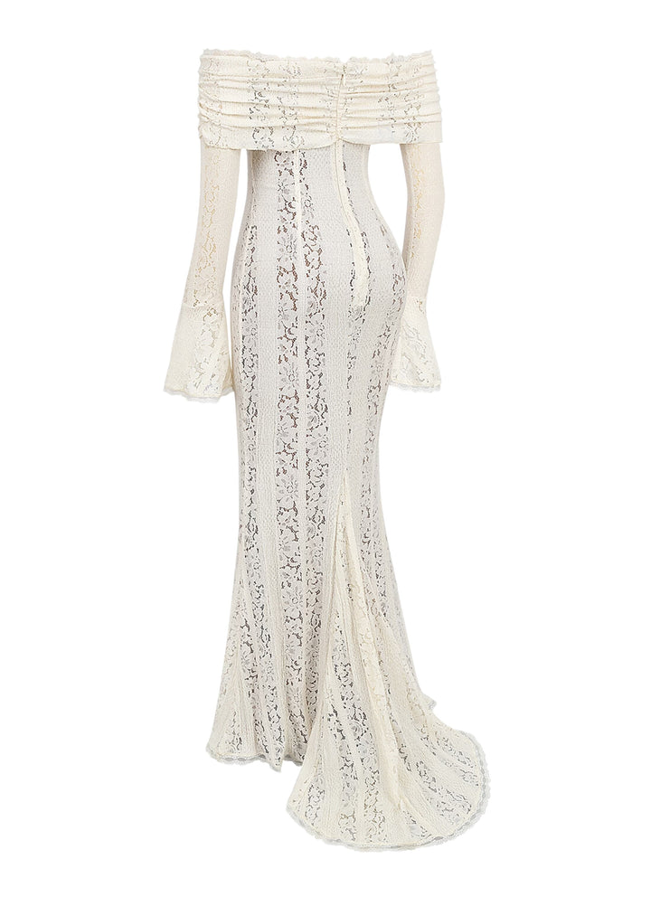 White lace maxi dress flat lay: off-shoulder top with long sleeves; long flared skirt.