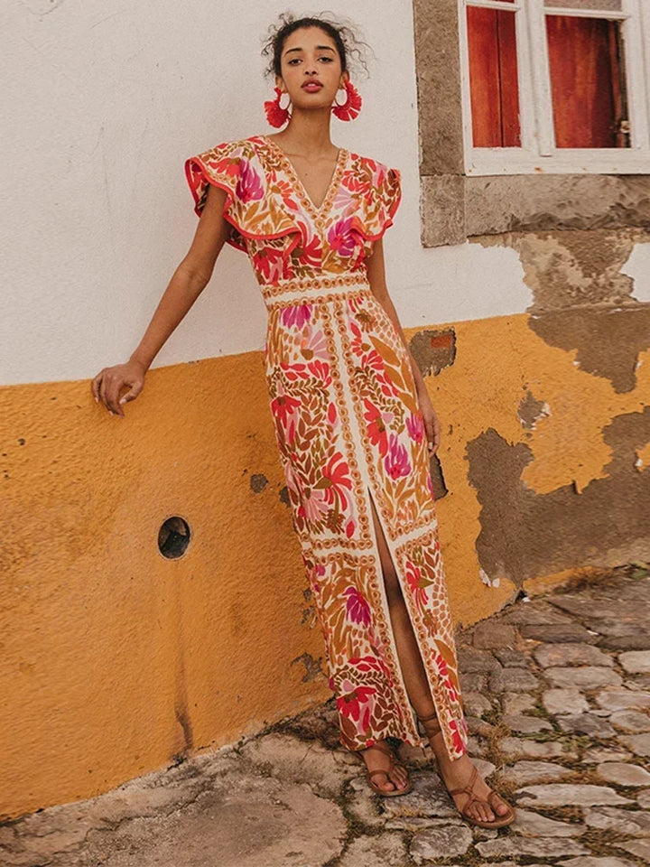 Women’s vintage floral maxi dress with V-neck, ruffle sleeves, and front slit