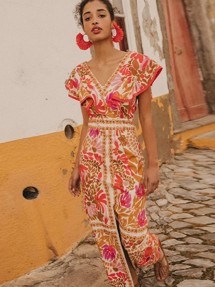 Women’s vintage floral maxi dress with V-neck, ruffle sleeves, and high-waist sash