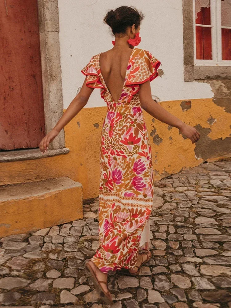 Women’s vintage floral maxi dress with open back, V-neck, ruffle sleeves and sash