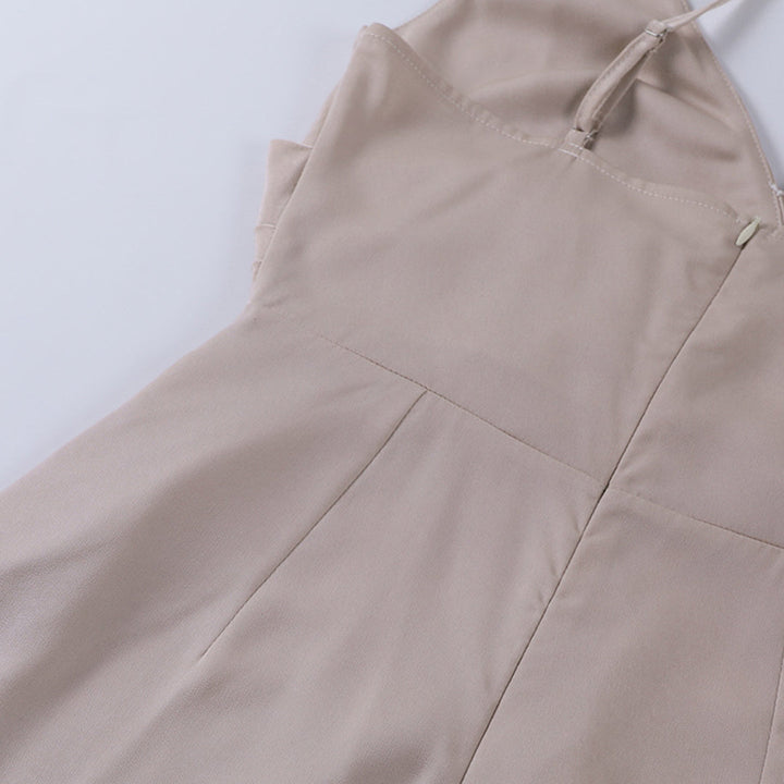 Beige sleeveless dress with gathered neckline and fitted princess seams
