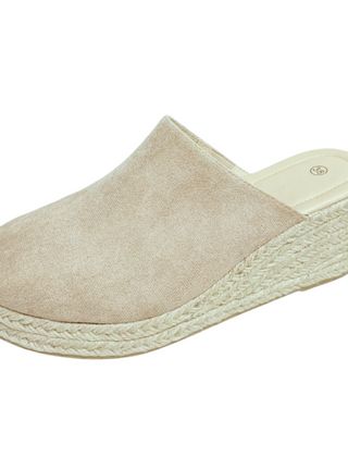 Beige slip-on wedge sandals with jute-textured espadrille sole