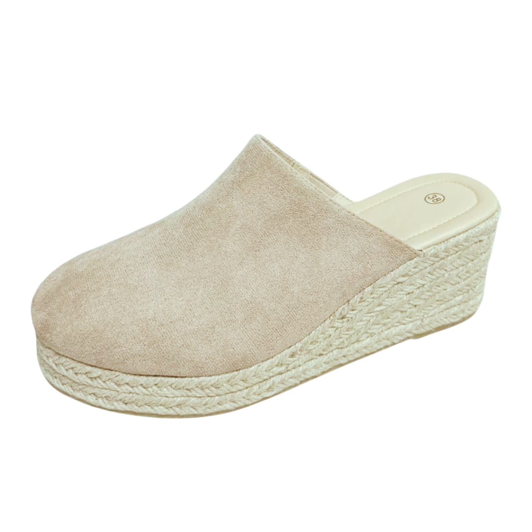 Beige slip-on wedge sandals with jute-textured espadrille sole