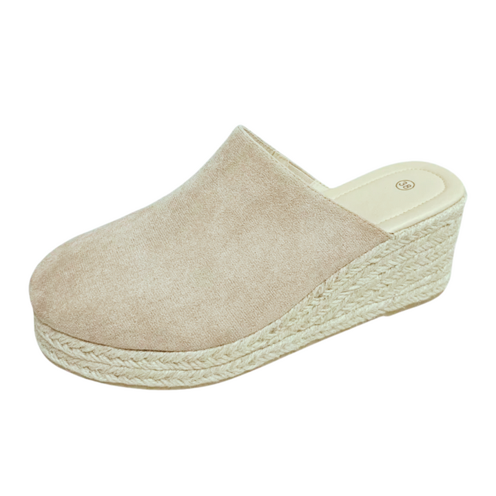 Beige slip-on wedge sandals with jute-textured espadrille sole