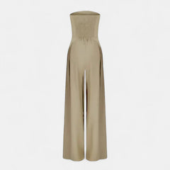 Beige strapless lightweight wide-leg jumpsuit with ruched neckline