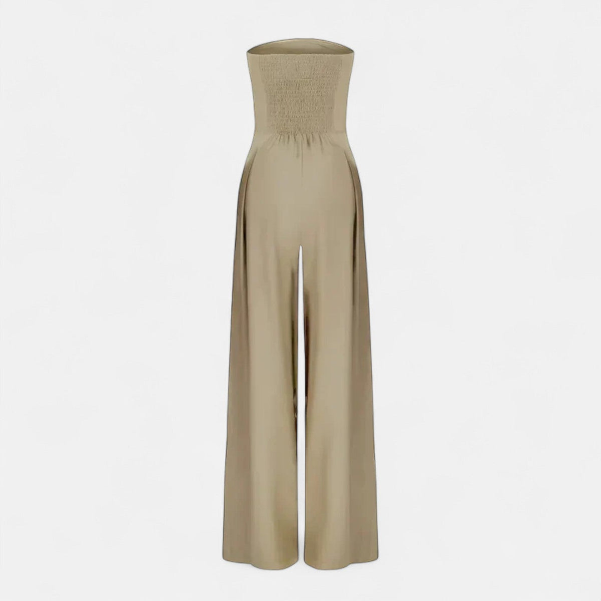 Beige strapless lightweight wide-leg jumpsuit with ruched neckline