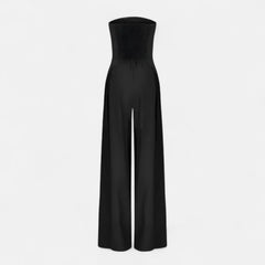 Black strapless lightweight wide-leg jumpsuit with ruched back