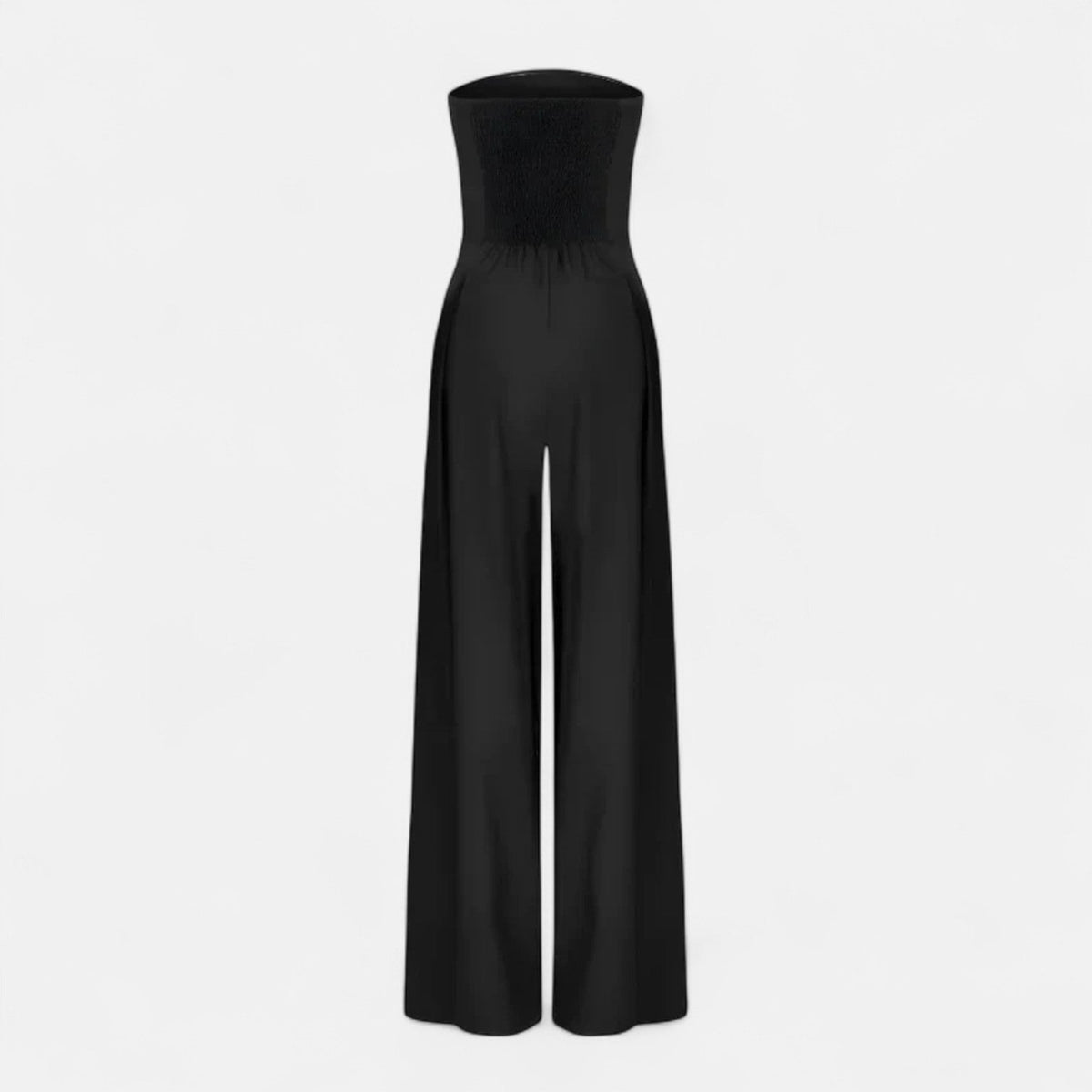 Black strapless lightweight wide-leg jumpsuit with ruched back