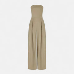 Beige strapless lightweight wide-leg jumpsuit, bandeau top silhouette