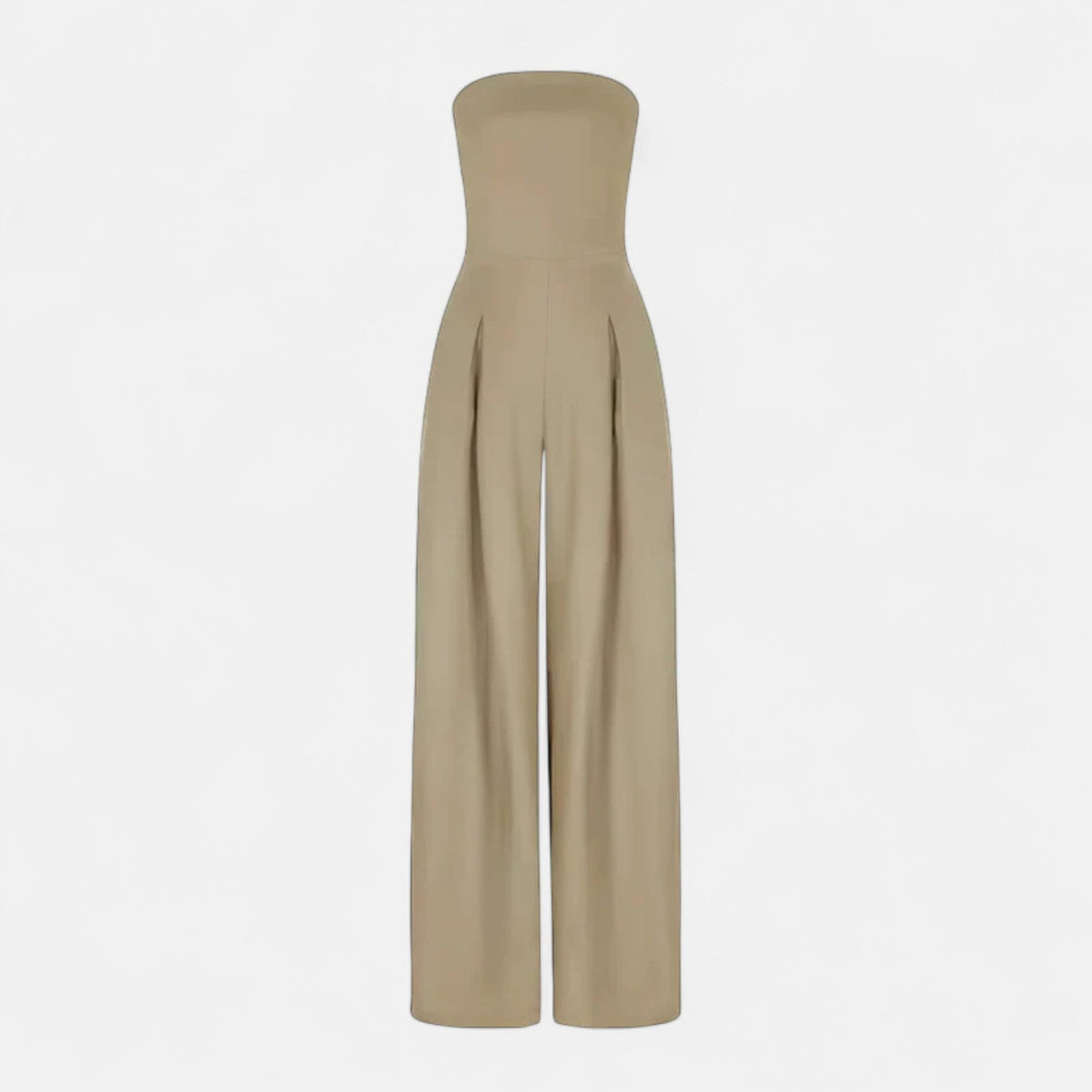 Beige strapless lightweight wide-leg jumpsuit, bandeau top silhouette