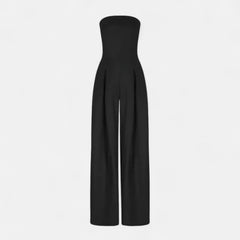 Black strapless lightweight wide-leg jumpsuit, simple bandeau neckline