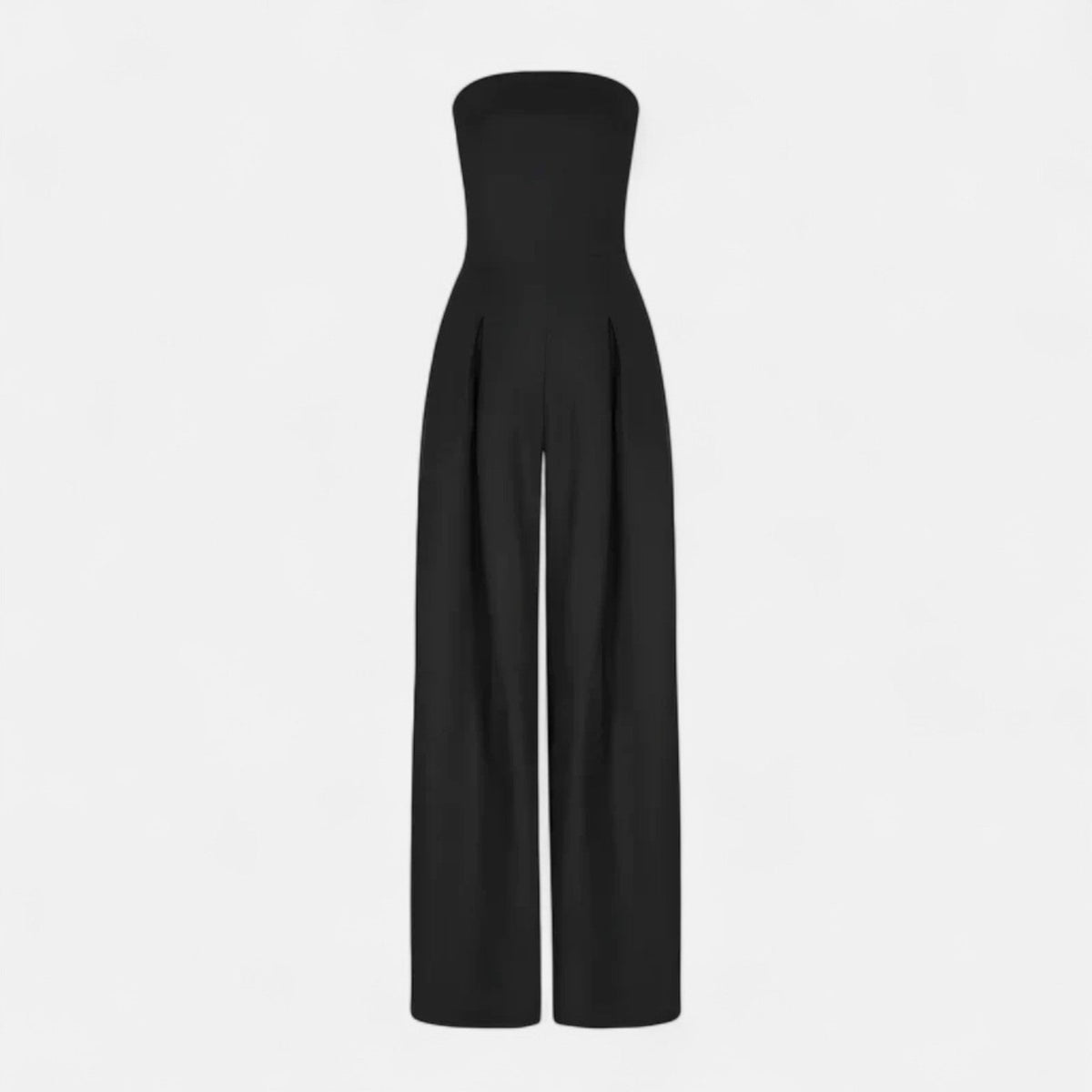 Black strapless lightweight wide-leg jumpsuit, simple bandeau neckline