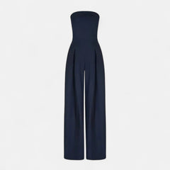 Navy strapless lightweight wide-leg jumpsuit, sleeveless bandeau silhouette
