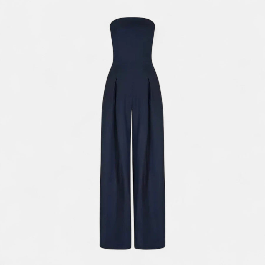 Navy strapless lightweight wide-leg jumpsuit, sleeveless bandeau silhouette