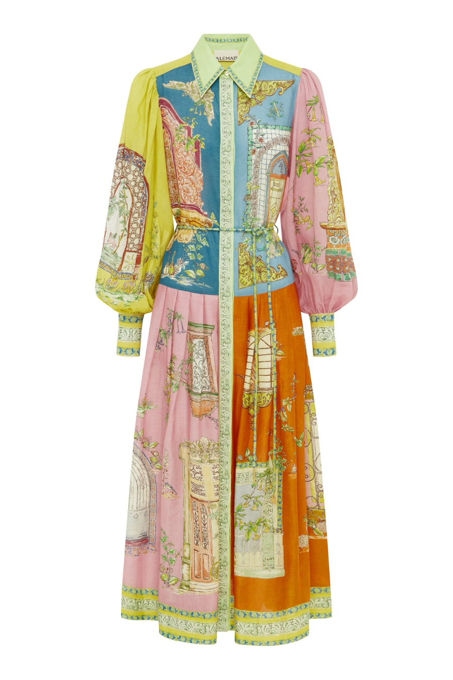 Multi-hued maxi dress with high collar, long balloon sleeves, and button front; full view.