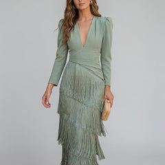 Elegant fringe dress in green, V-neck long sleeves and layered fringe skirt