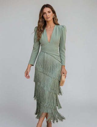 Elegant fringe dress in green, V-neck long sleeves and layered fringe skirt