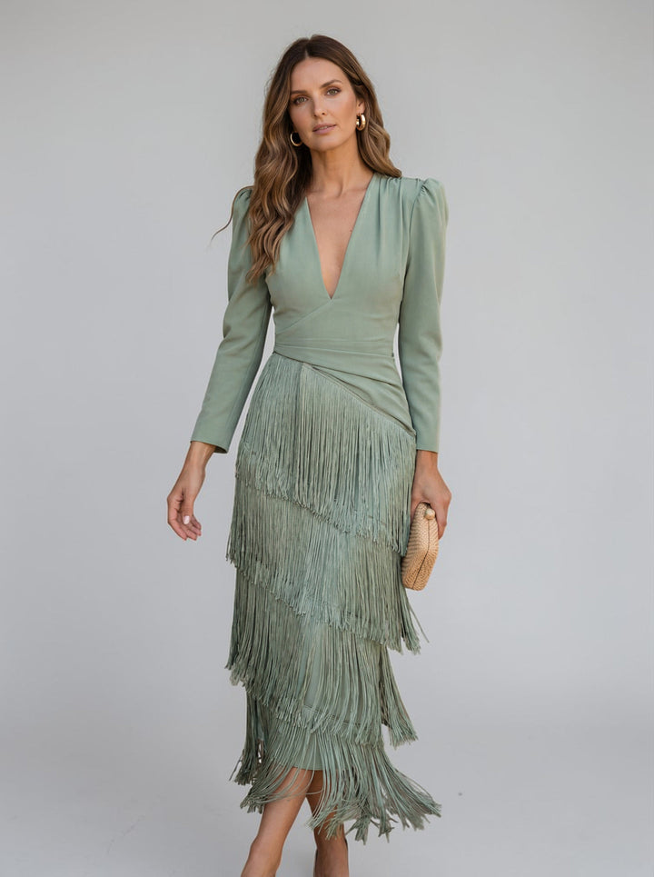 Elegant fringe dress in green, V-neck long sleeves and layered fringe skirt