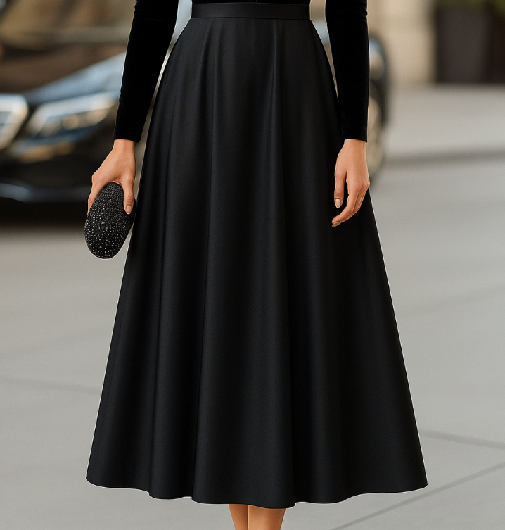 Black satin midi skirt dress with long sleeves and mock neck, full pleated flare