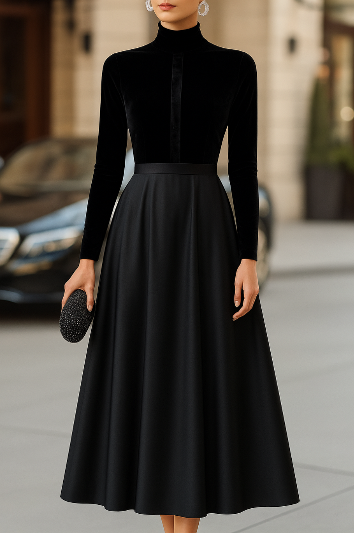Black velvet bodice midi dress with long sleeves, mock neck, satin flared skirt