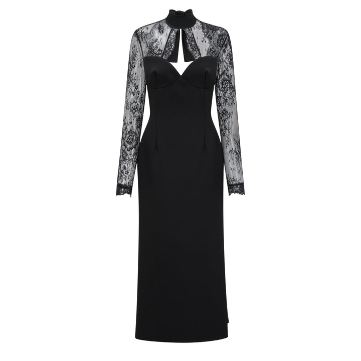 Black lace sleeve maxi dress with sweetheart bodice