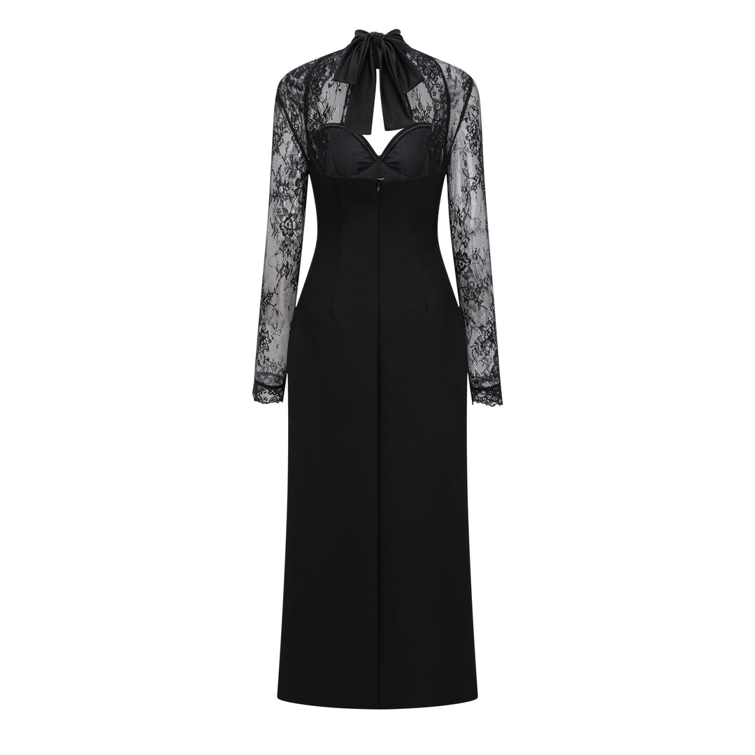 Black lace maxi dress with bow tie back and sheer lace sleeves