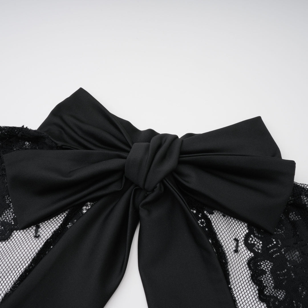 Black lace dress neckline bow with sheer mesh overlay