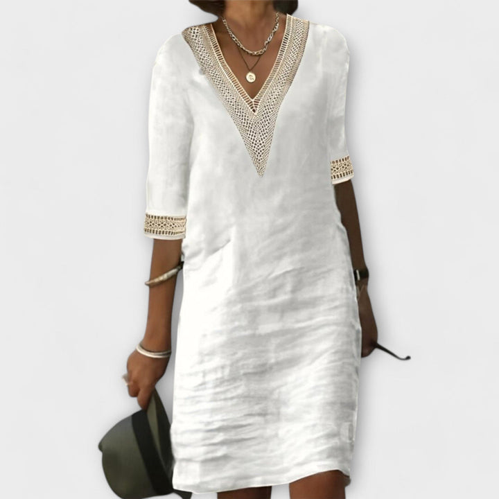 Eleanor™ elegant dress in white with V-neck mesh trim and 3/4 sleeves