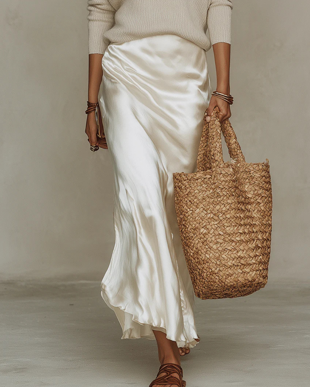 White knit V-neck top and satin maxi skirt two-piece set