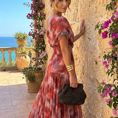 Mira off-shoulder long dress, red and mauve tie-dye print, puff sleeves, gathered waist