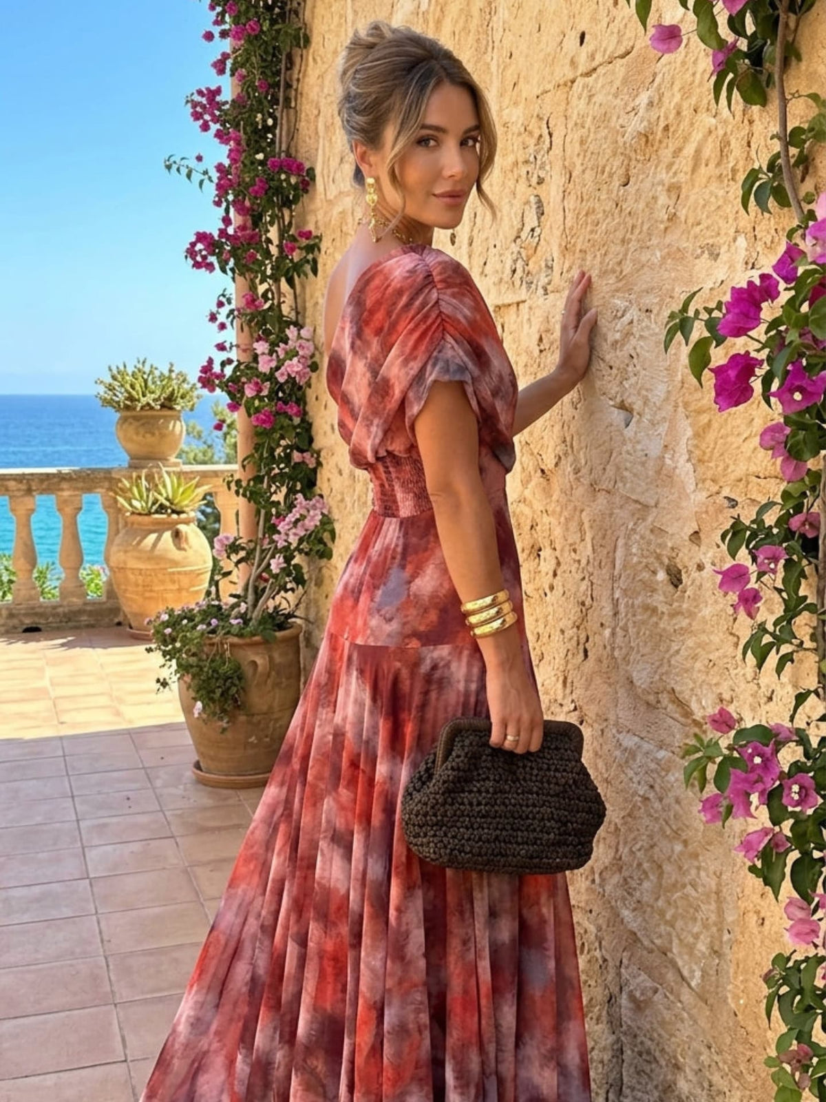 Mira off-shoulder long dress, red and mauve tie-dye print, puff sleeves, gathered waist