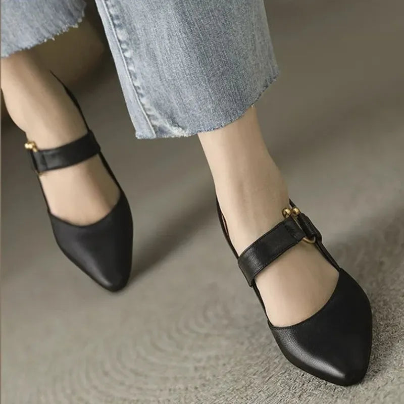 Black leather look heeled Mary Jane with ankle strap and gold buckle