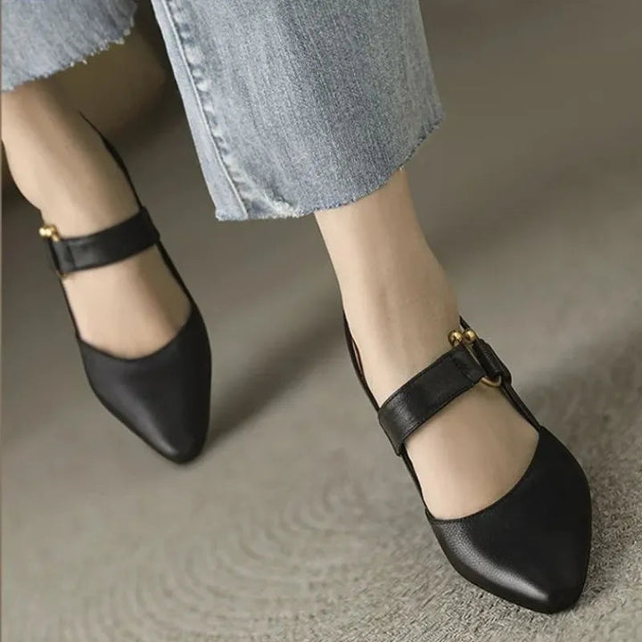 Black leather look heeled Mary Jane with ankle strap and gold buckle