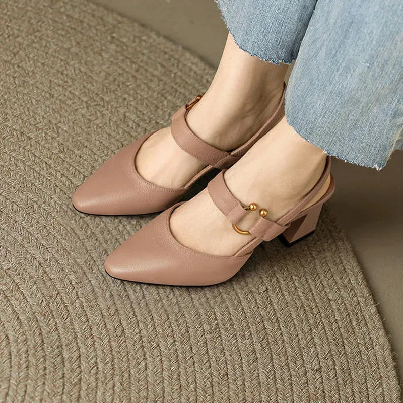 Taupe leather look heeled slingback with ankle strap and gold buckle detail
