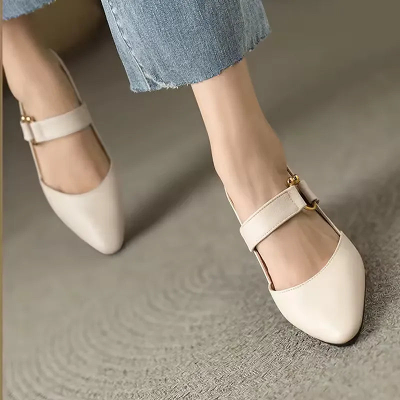 Cream white leather look heeled slingback with ankle strap and gold buckle detail