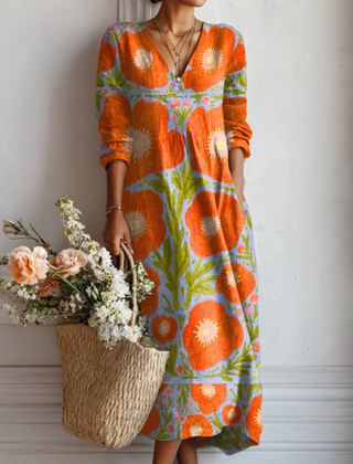 Women's floral print midi dress, orange blue green, long sleeves, V-neck